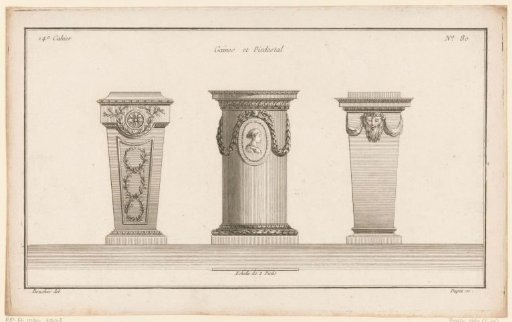 Three pedestals with medallion and mask