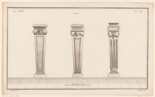 Three pedestals with garlands and mask