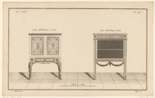 Two bookcases with floral motifs and garlands