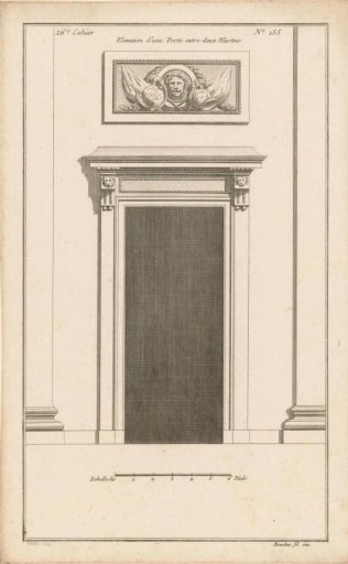 Portal with lion heads between pilasters