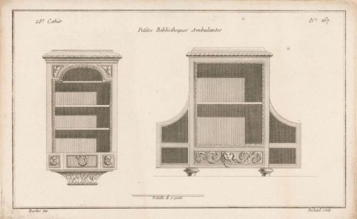 Two bookcases with floral motifs and a lion head