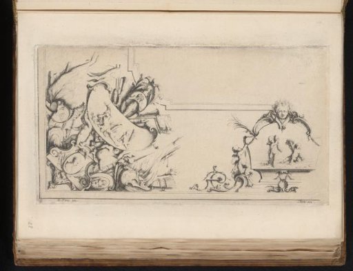 Corner ornament with putti and armorial trophy