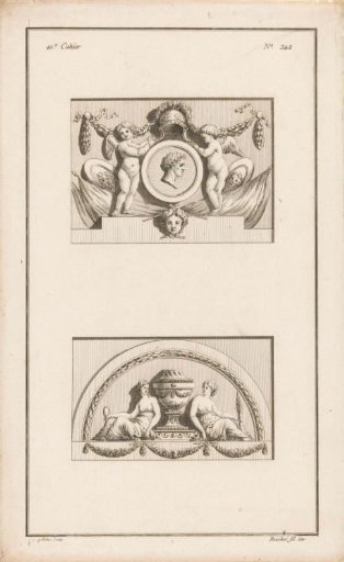 Two panels with putti and seated women
