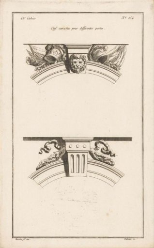 Keystone with helmets and lion's heads