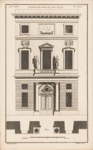 Facade with columns, balcony and statues