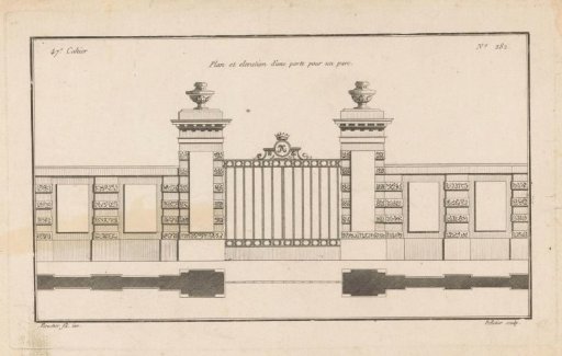 Gate with ironwork and vases
