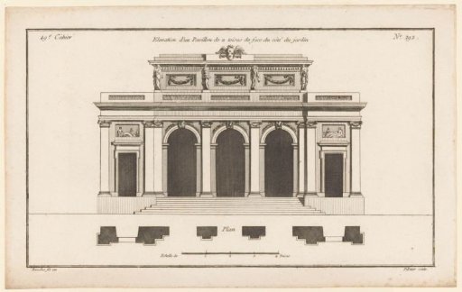 Facade with round arches and statues