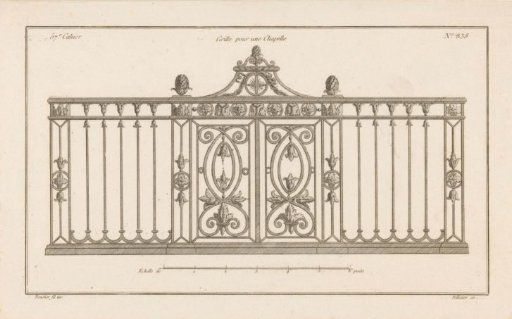 Gate with floral motifs and pinecones