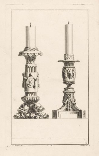 Candlesticks with coats of arms and figures