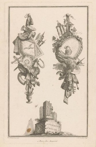 Trophies with a shield and a medallion