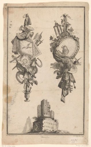 Trophies with a shield and a medallion