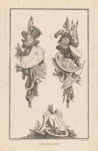 Trophies with shield and plumed helmet