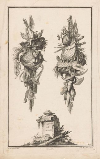 Trophies with baskets and hunting horns
