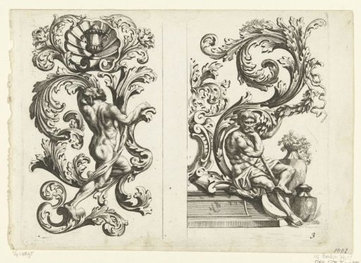 Nude man and seated man with leafy garlands