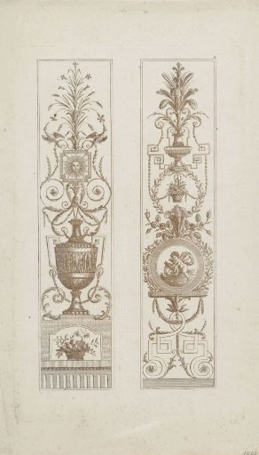 Two arabesques with vase and medallion