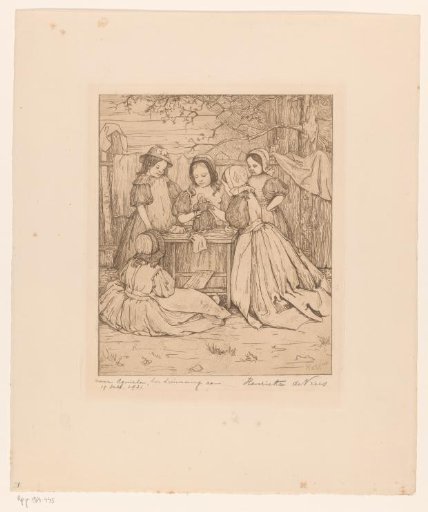 Girls playing outside with a doll