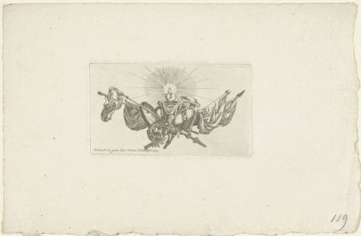 Vignette with banners, flaming heart, shield, liberty cap and laurel wreath