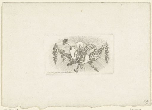 Vignette with lyre, flaming heart, shield, liberty cap and sun