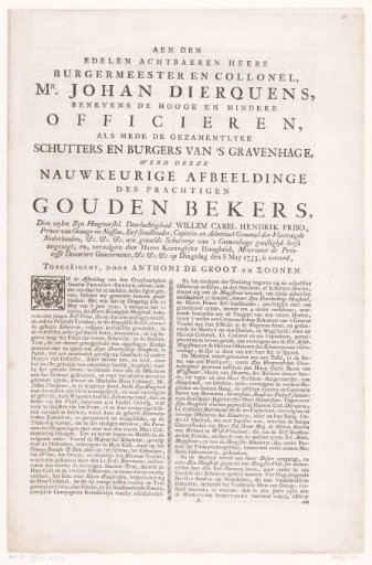 Text page for prints of the golden cup of the Hague civic guard