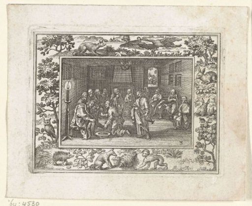 Passion scene in a frame with rabbits, birds, and foxes