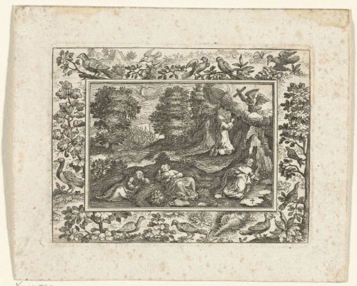 Passion scene in a frame with birds and a shell