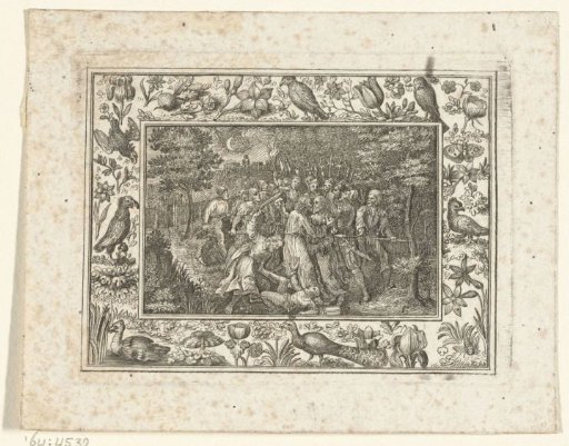 Passion scene in a frame with flowers, birds, and butterflies