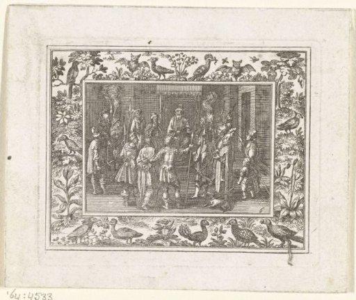 Passion scene in a frame with birds and bats