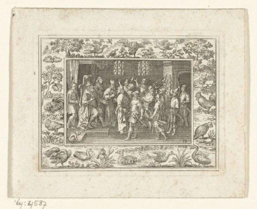 Passion scene in a frame with birds, chickens, and ducks