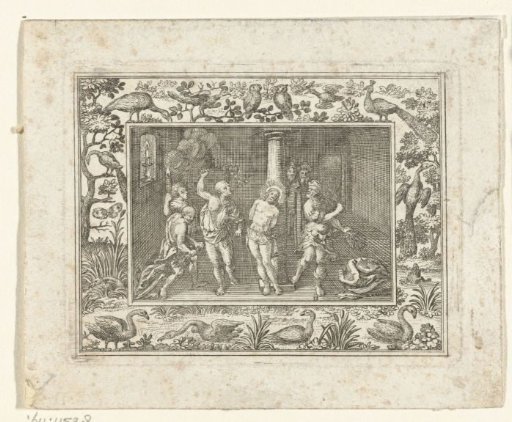 Passion scene in a frame with peacocks, owls, and swans