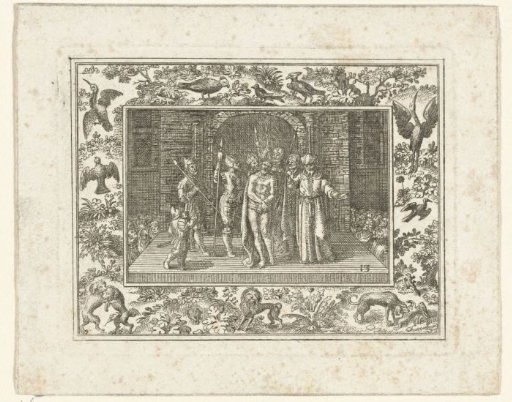 Passion scene in a frame with birds and dogs