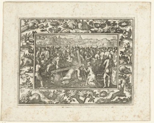 Passion scene in a frame with rabbits and squirrels