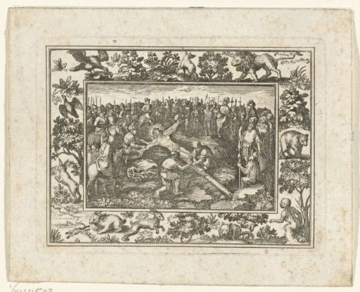 Passion scene in a frame with animals