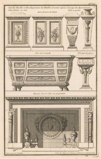 Cabinets, pedestals, commode and fireplace