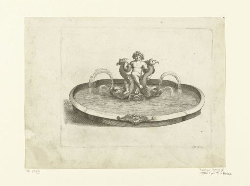 Fountain with a putto sitting on three dolphins