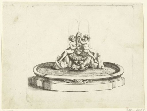 Fountain with two putti beside a dolphin spouting water