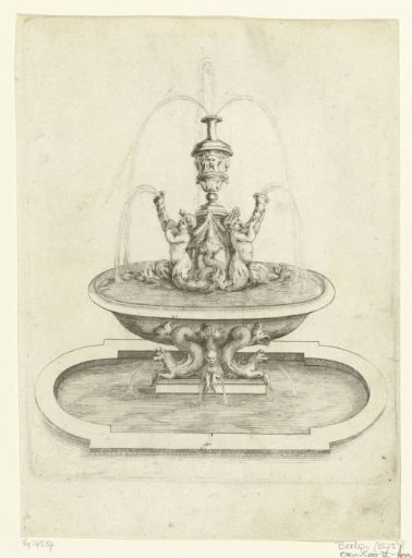 Fountain with a water basin supported by three sea monsters