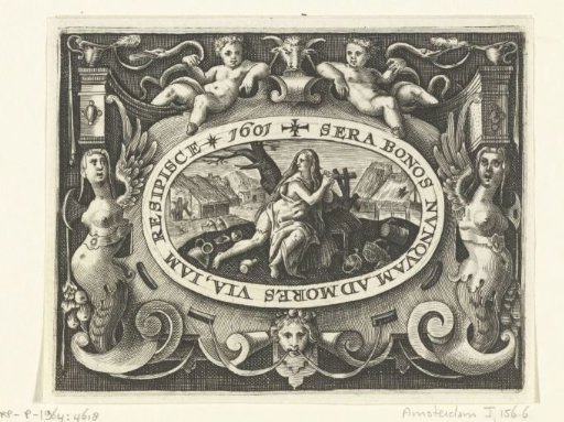 Cartouche containing Poverty, seated beside a dead tree amidst shards