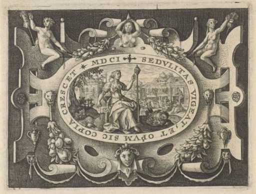 Cartouche containing Material Wealth with spindle and distaff