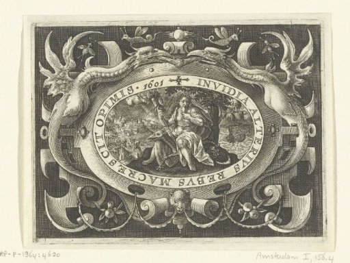 Cartouche containing Envy with snake hair, biting a heart
