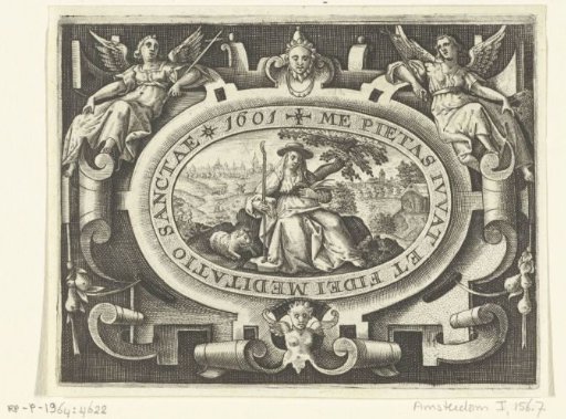 Cartouche containing Humility with shepherd's crook and lamb