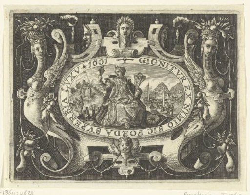 Cartouche containing Pride with mirror and peacock feathers