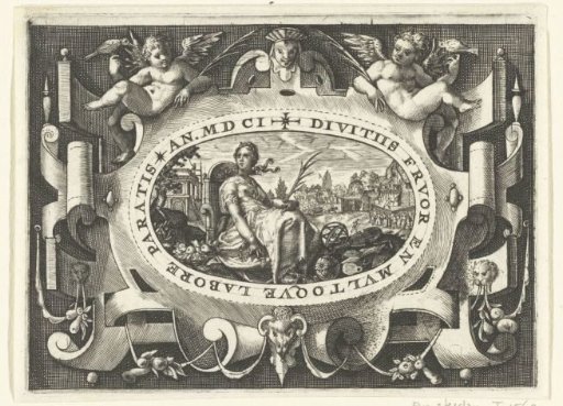 Cartouche containing Spiritual Wealth with a palm branch in hand