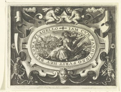 Cartouche containing War with torch and weaponry