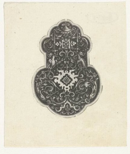 Leafy vines around a cartouche of white scrollwork with a black decoration in the center