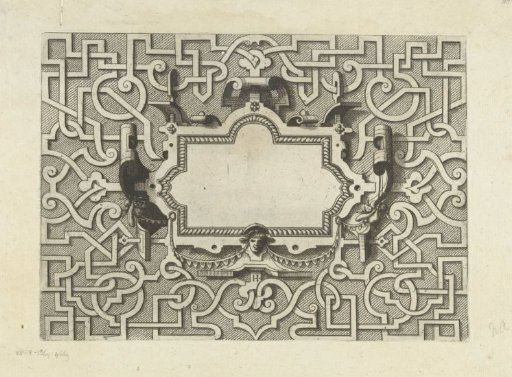 Cartouche with a cord border, surrounded by moresques