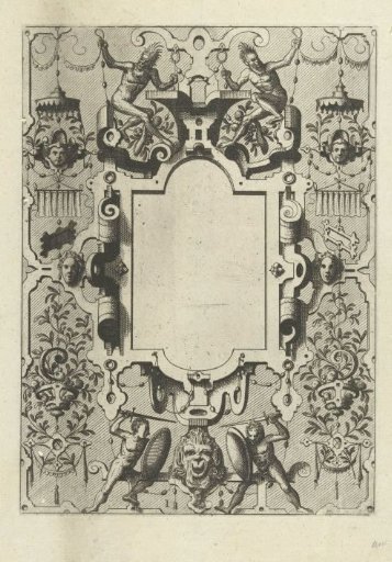 Cartouche in a frame of scrollwork with grotesques