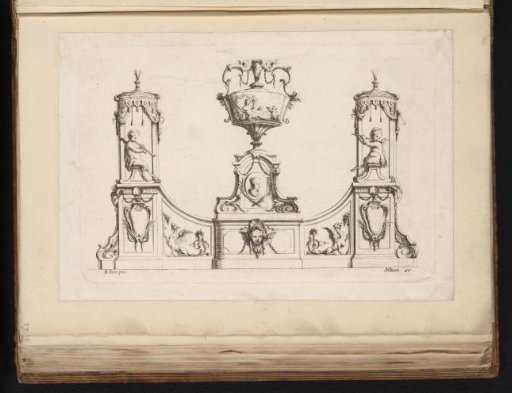 Ornament with vase and young satyrs playing flutes