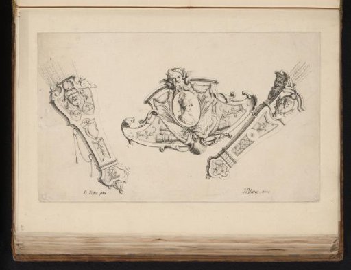 Cartouche with armorial trophy and two quivers