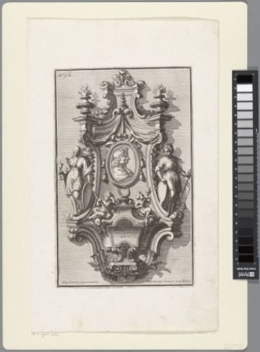 Ornament with the personifications of Hope and Faith, an ouroboros, two putti and a double portrait