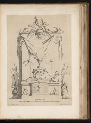 Title print with a putto revealing a vase